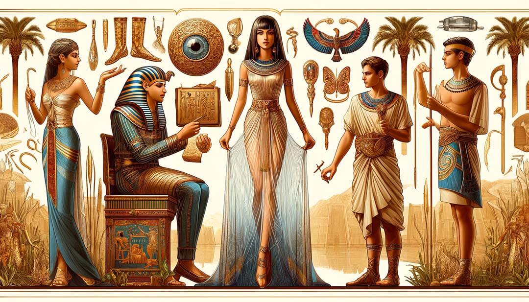 um faraó em trajes tradicionais, uma nobre com uma Kalasiris transparente, e um artesão exibindo joias e calçados intricados, tudo ambientado com um fundo estilizado do rio Nilo.