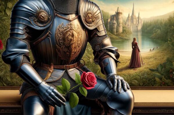 Um cavaleiro medieval com uma rosa e uma mulher no fundo com castelo
