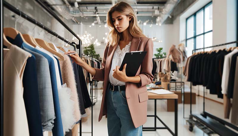 Um mulher compradora de moda escolhendo as peças de roupa em um showroom moderno