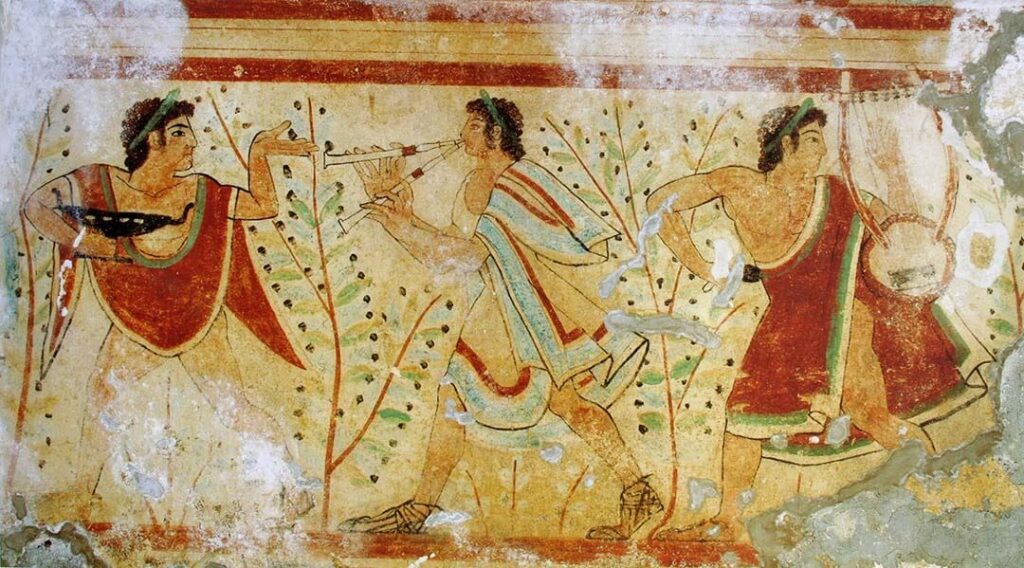 Dançarinos das paredes da Tumba Etrusca do Triclinium, Tarquinia, centro da Itália. c. 470 AC.
