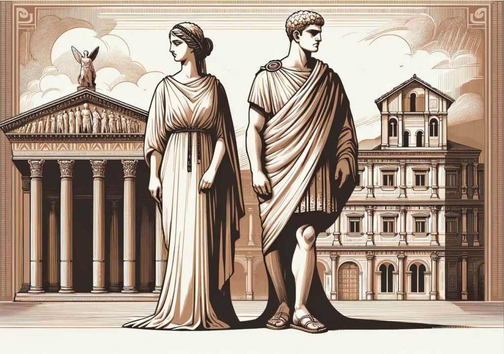 Mulher romana com túnica e homem romano com toga - Império Romano