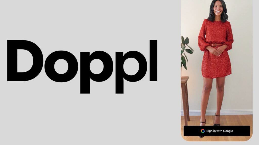 doppl - novo app do google apresentado por uma modelo de roupa vermelha. Doppl escrito em letras grandes, título.
